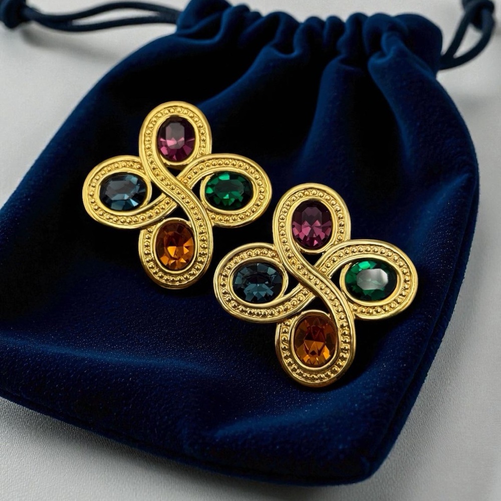 Vintage Napier “Byzantium” Limited Edition Jewel-Tone Gold Post Earrings 1.5”